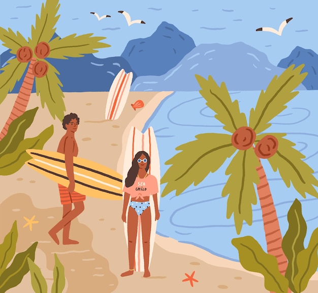 Gelukkige jonge mensen met surfplanken op tropisch strand in de zomer. Glimlachende surfers op zee of oceaankust. Zomeractiviteit in exotische resort. Platte vectorillustratie van man en vrouw aan zee.