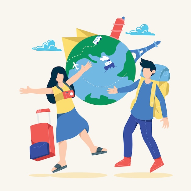 Gelukkige jonge paar reizen de wereld rond met tas en bagage