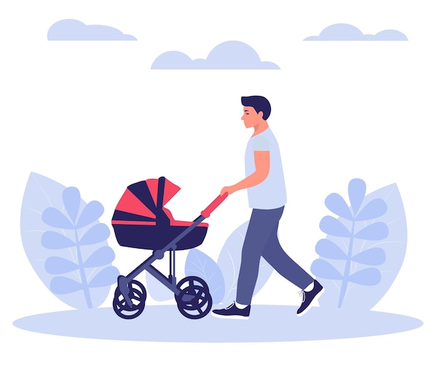 Gelukkige jonge vader loopt met een baby wandelwagen concept voor vaders dag vectorillustratie