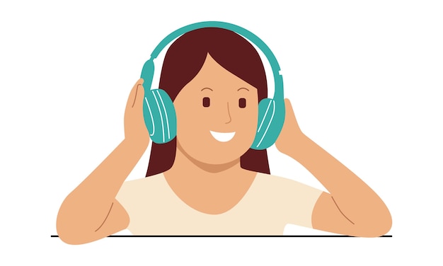Gelukkige jonge vrouw die aan muziek op draadloze hoofdtelefoons luistert