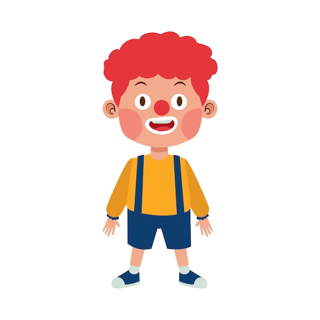 Vector gelukkige jongen draagt een clownkostuum met pruik en rode neus voor het feest vieren leuke illustratie