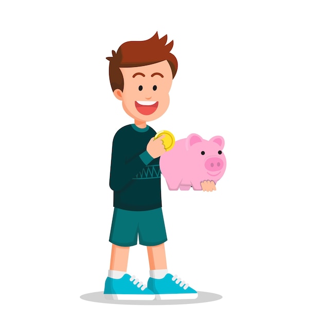 gelukkige jongen met een munt en zijn schattige spaarvarken