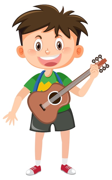 Gelukkige jongen met gitaar witte achtergrond