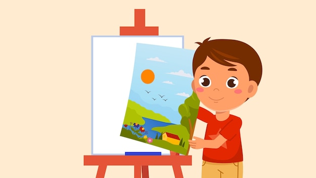 Gelukkige jongen schilderen op canvas