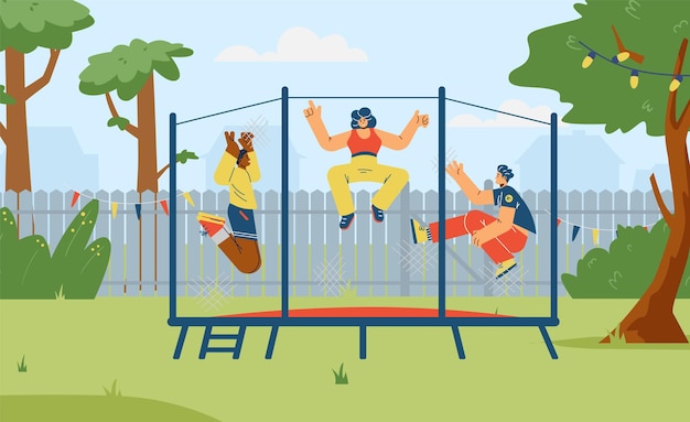 Gelukkige jongens en meisjes springen op de trampoline platte vectorillustratie