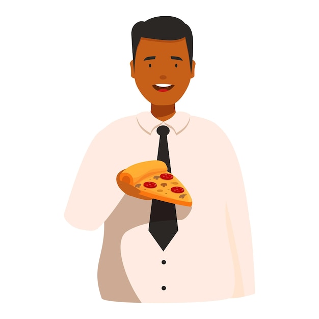 Gelukkige kantoormedewerker met een stuk pizza in de hand die van de lunchpauze geniet