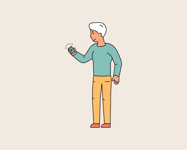 Gelukkige kerel kijkt naar de smartphone die in zijn hand houdt. De mens kijkt naar video aan de telefoon. Kleurrijke lijn tekens mensen. Platte ontwerp stijl minimale vectorillustratie.