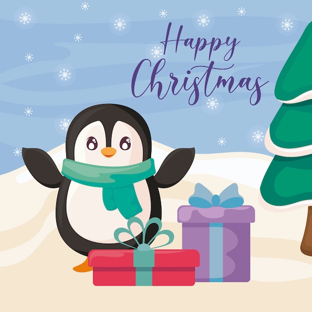 Gelukkige kerstmis met pinguïn en geschenkdozen