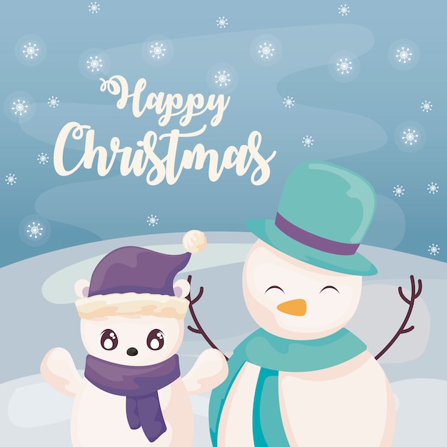 Gelukkige Kerstmis met sneeuwman en ijsbeer op de winterlandschap
