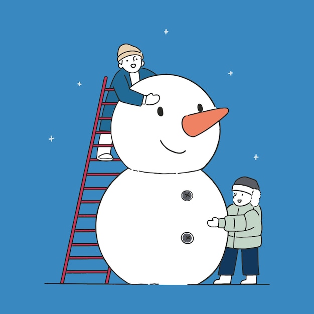 Gelukkige kinderen bouwen sneeuwpop in het park, winter concept, handgetekende lijn kunst stijl illustratie.