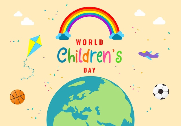 Gelukkige kinderen dag achtergrond wenskaart met regenboog vlieger aarde en vliegtuig