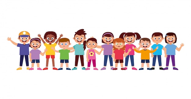 Gelukkige kinderen die en hand glimlachen golven