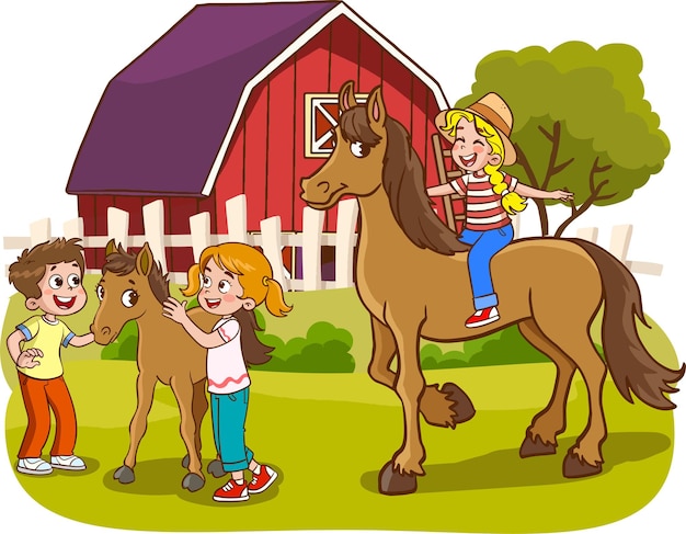 gelukkige kinderen en boerderijdieren paard cartoon vector