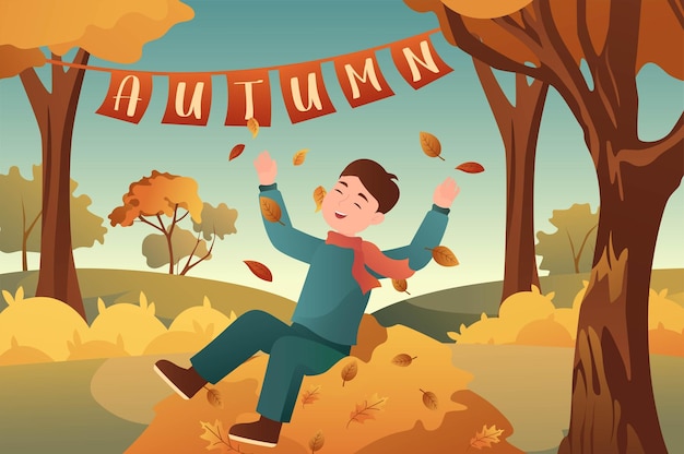 Gelukkige kinderen herfst achtergrond in een cartoon-stijl Een kleine jongen is blij