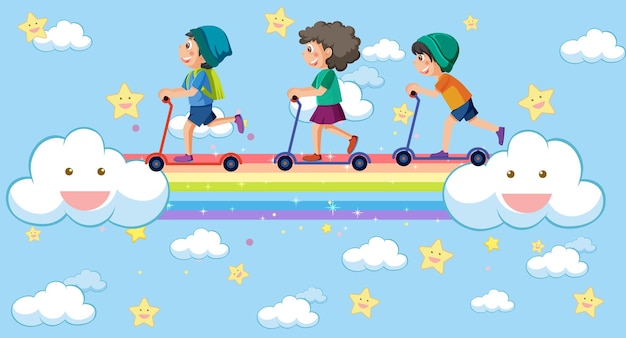 Gelukkige kinderen in de lucht met regenboog