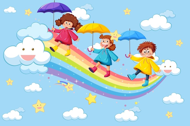 Gelukkige kinderen in de lucht met regenboog