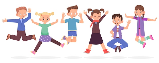 Gelukkige kinderen jongens en meisjes springen en glimlachen cartoon-stijl