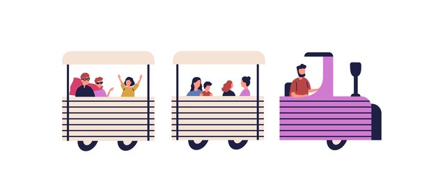 Gelukkige kinderen rijden op trein platte vectorillustratie. kleurrijke kinderen en ouders genieten van track amusement geïsoleerd op wit. bestuurder en groep mensen rijden op entertainmentvervoer.