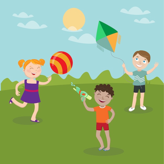 Gelukkige kinderen spelen op de natuur. meisje met bal. boy lanceert vlieger. jongen met waterpistool. vector illustratie