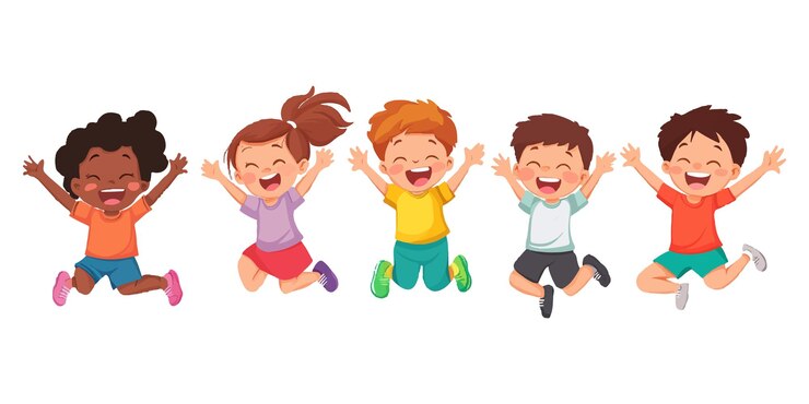 Vector gelukkige kinderen springen en lachen een platte vector illustratie geïsoleerd op een witte achtergrond