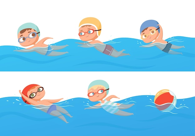 Gelukkige kinderen watersport in zwembad zomer zwemmen klassen collectie set.