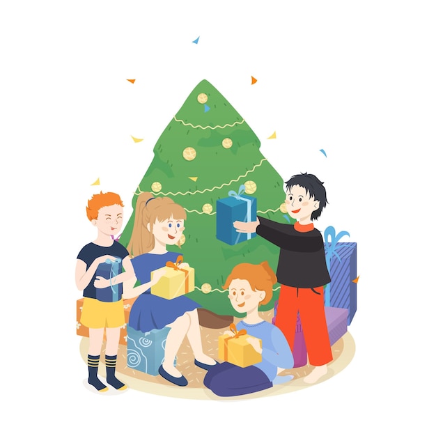 Gelukkige kinderen wintervakantie Nieuwjaar, Kerstmis. Versierde kerstboom met cadeau. Vector plat