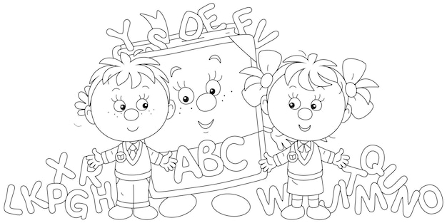 Vector gelukkige kleine eerstejaars en een grappige cartoon personage abc boek met kleine letters van het alfabet