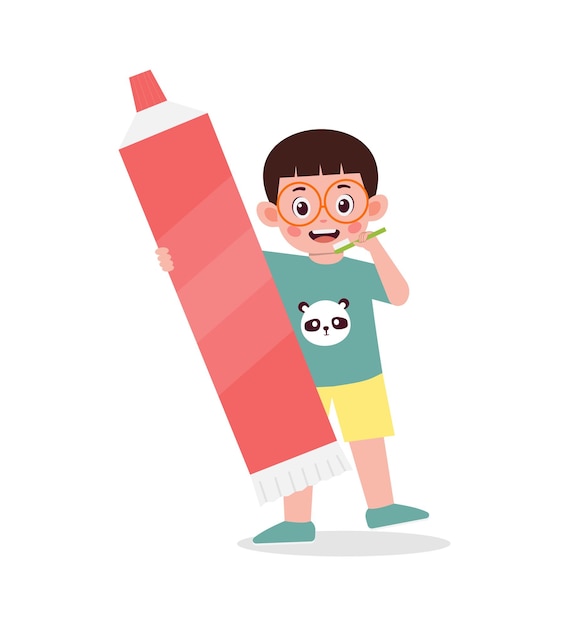 Gelukkige kleine jongen jongen tandenpoetsen cartoon afbeelding