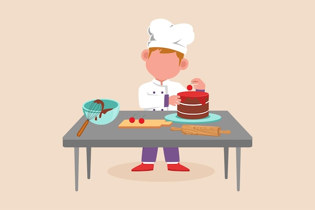 Gelukkige kleine jongenschef-kok die chef-kokuniform draagt en een verjaardagscake op tafel maakt Koken concept Vectorillustratie