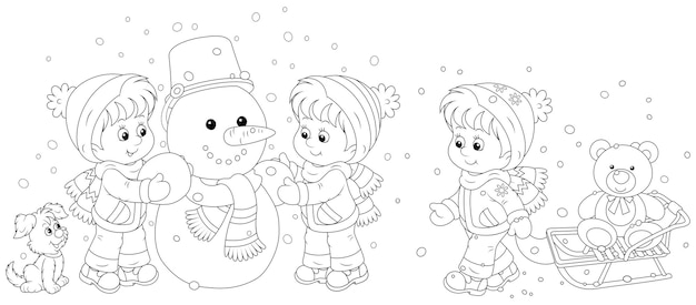 Gelukkige kleine kinderen die een grappige speelgoedsneeuwman maken met een emmer en sjaal in een besneeuwd winterpark