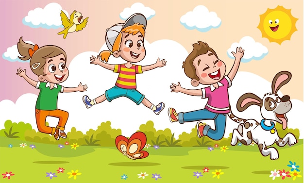 Gelukkige kleine kinderen die plezier hebben vector illustratie van schattige kinderen springen dansen