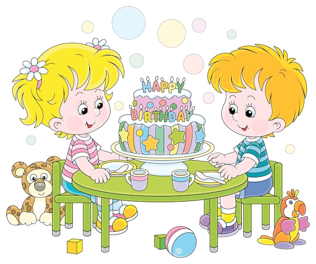 Gelukkige kleine kinderen die vriendelijk glimlachen en rond hun feestelijke bord zitten met een mooie verjaardagstaart