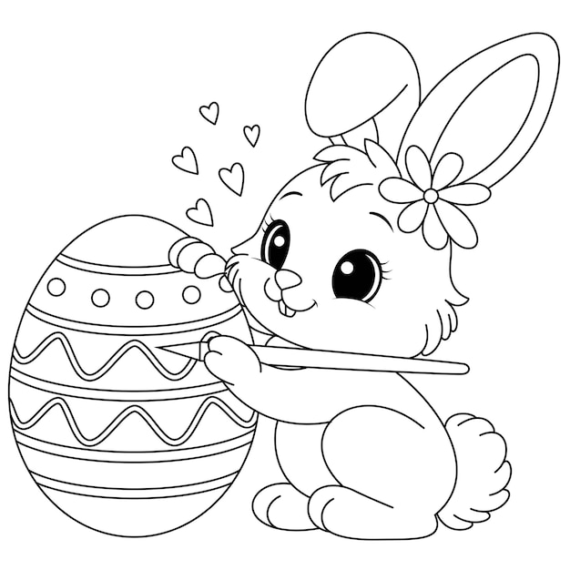 Vector gelukkige kleine konijn tekent een paasei op een easel kleurblad