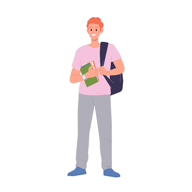 Gelukkige lachende tiener mannelijke student cartoon personage in casual kleding full length portret geïsoleerd op witte achtergrond vector illustratie van jonge stijlvolle tiener jongen die boek en rugzak draagt