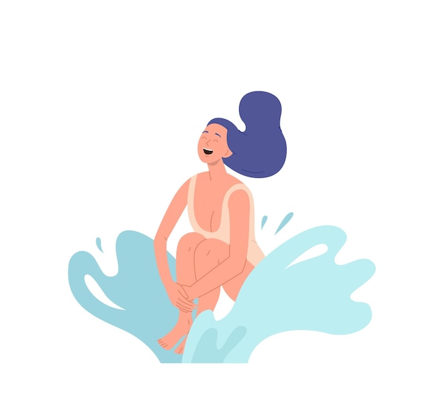 Vector gelukkige lachende vrouw springt in het water geniet van zwembadfeestjes en weekenden op zomervakantie vectorillustratie geïsoleerd op witte achtergrond vriendelijke mensen toeristen rusten op het strand concept