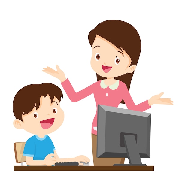 gelukkige leraar en leerling leren computer