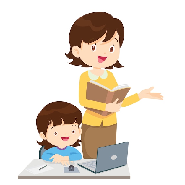 gelukkige leraar en leerling leren computer
