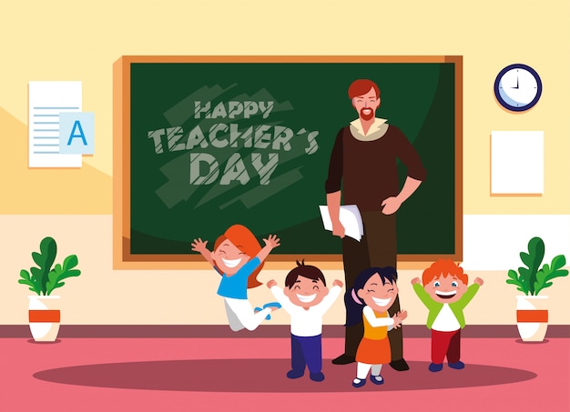 Gelukkige lerarendag met leraar en studenten in klaslokaal