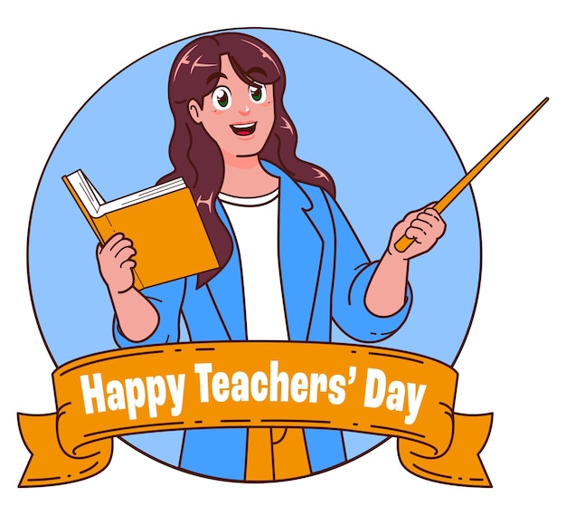 Gelukkige lerarendag met vrouwelijke lerares die boeken draagt