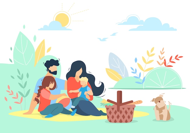 Gelukkige liefdevolle familie van moeder, vader, dochter en zoon op picknick met gezelschapsdieren buitenshuis