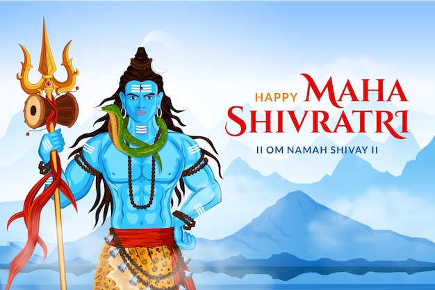 Gelukkige maha shivratri lord shankar trishul & damru staan in himalaya