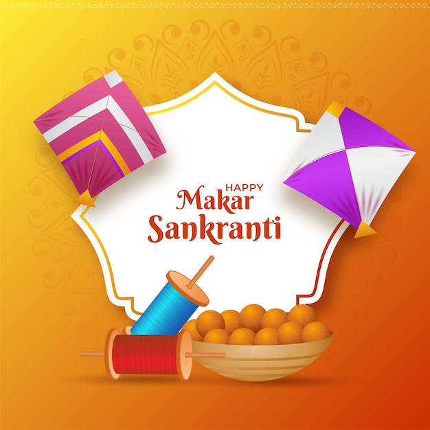 Gelukkige Makar Sankranti-tekst met Indiase zoete (Laddu) kom