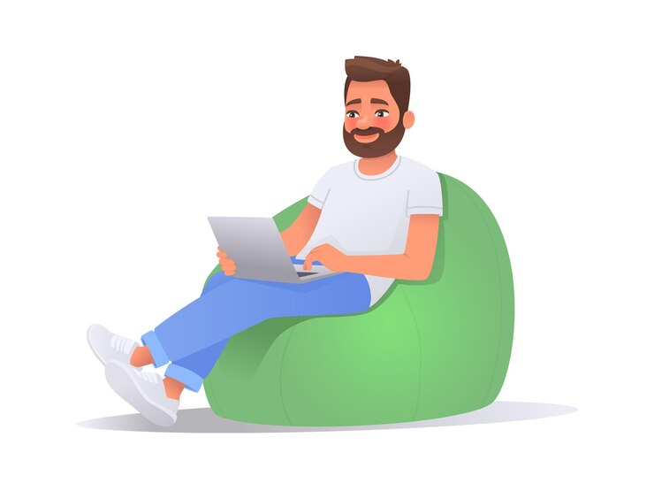 Vector gelukkige man die op een laptop werkt terwijl hij in een zitzak zit freelancer die thuis werkt