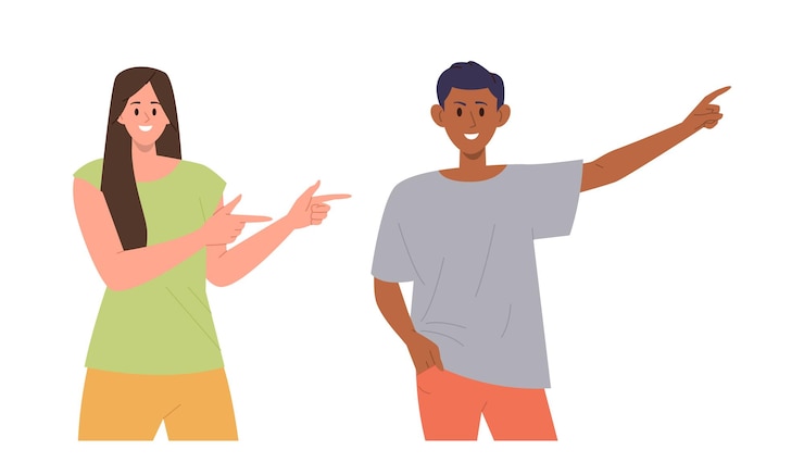 Vector gelukkige man en vrouw cartoon personages wijzen opzij met wijsvinger reclame iets