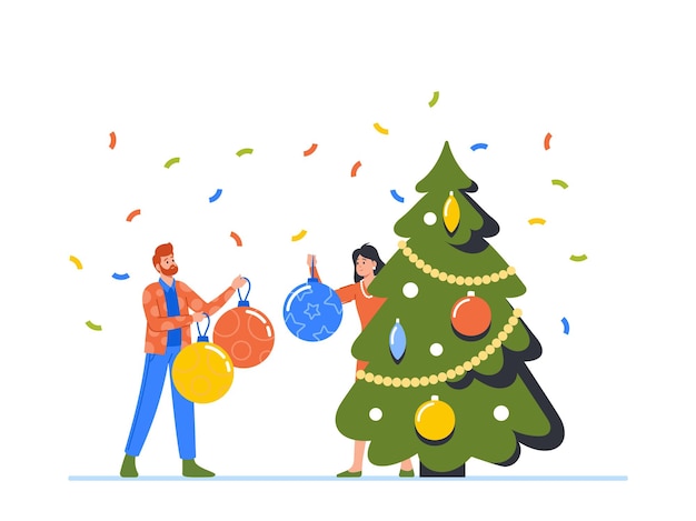 Gelukkige man en vrouw versieren kerstboom zetten ballen op takken Mannelijke en vrouwelijke personages die zich voorbereiden op het nieuwe jaar
