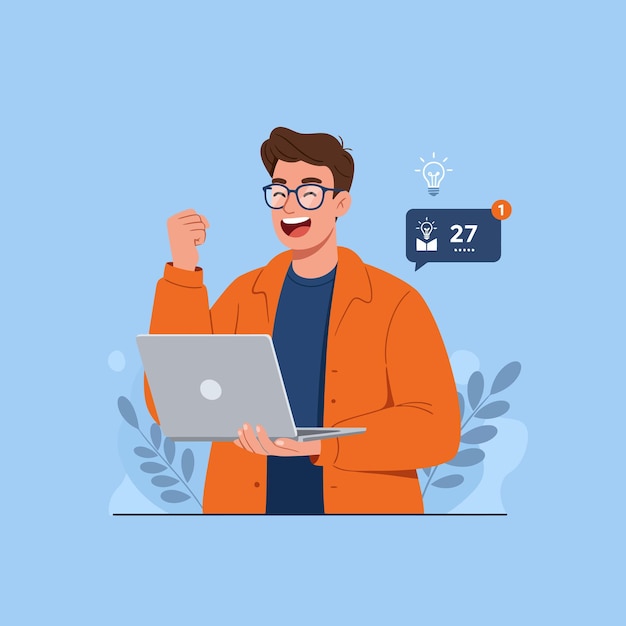 Gelukkige man viert online succes met laptop