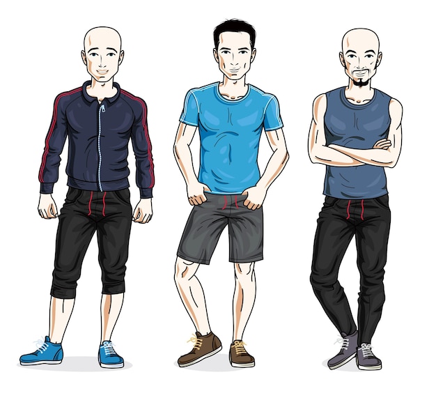 Gelukkige mannen groeperen zich in het dragen van stijlvolle sportkleding. Vector diverse mensen illustraties set. Lifestyle thema mannelijke karakters.