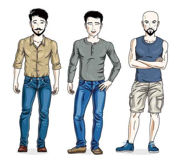 Gelukkige mannen poseren in stijlvolle casual kleding. Vector mensen illustraties instellen.
