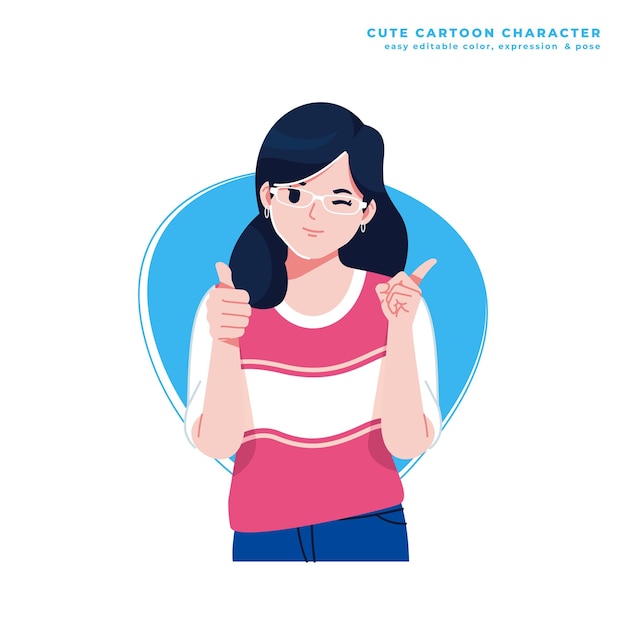 Gelukkige meisje poseert schattig cartoon personage