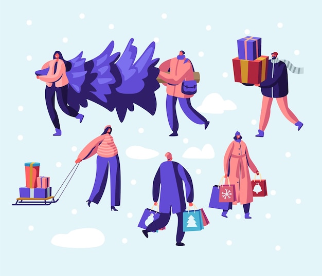 Vector gelukkige mensen burger dragen warme kleren bereiden zich voor op wintervakantie met kerstboom, cartoon platte illustratie